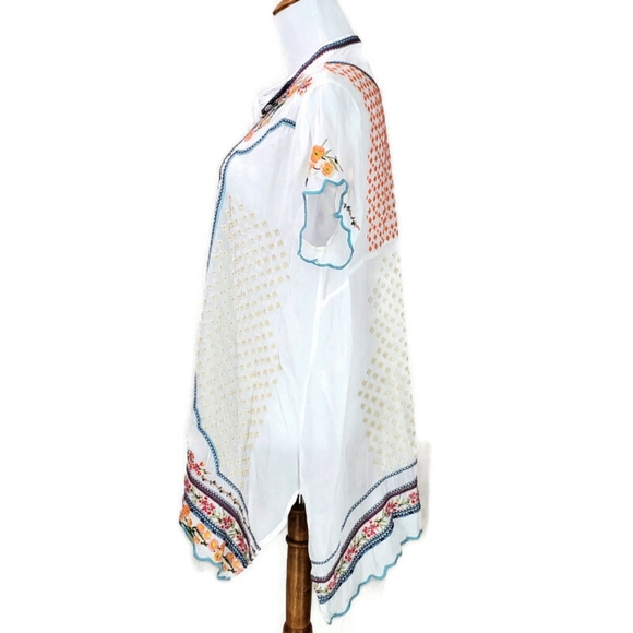 Johnny Was Tunic Top Embroidered Moji In White Boho Flowy Semi Sheer Size M - Picture 3 of 12